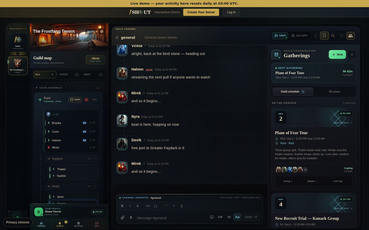 Shout showing the active channel conversation on the left and upcoming Gathering details beside it